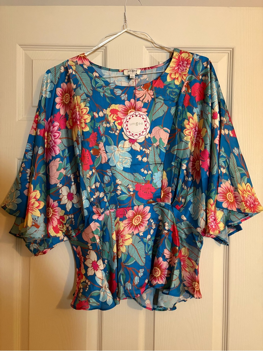 Umgee Teal Floral Flutter-Sleeve Blouse